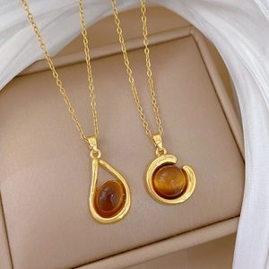 Amber Gemstone Geometric Pendant Necklace Women Stainless Steel Chain Copper Micro Pave Zirconia Elegant Luxury Accessory