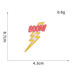 Detailed view of BOOM! flash lightning embroidered patch with size 8.7cm measurements