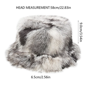 Detailed size specifications for gradient faux fox fur bucket hat with dimensions