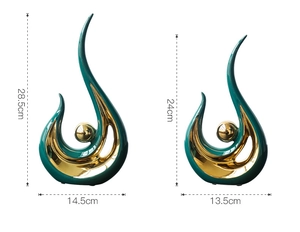 Detailed size specifications for luxury green and gold ceramic abstract sculptures