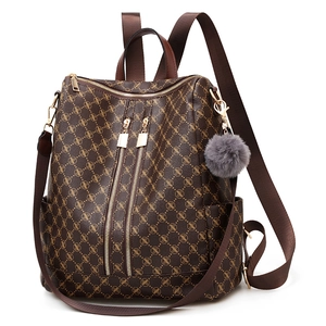 Brown monogram backpack for women with gold zippers and adjustable shoulder straps