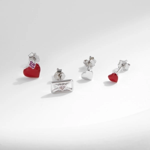 925 silver earring set featuring red heart enamel and pink zircon envelope designs