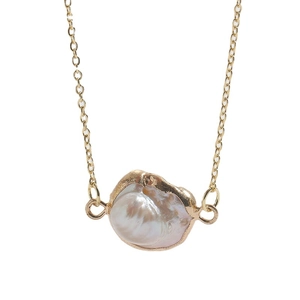 Minimalist baroque pearl pendant necklace with 14K gold plated chain on white background
