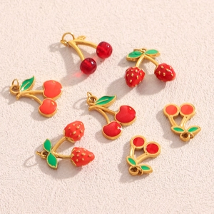 Fruit Cherry Strawberry Pendants Stainless Steel 18K Gold Plated Enamel Charms DIY Jewelry Making Fashion Women