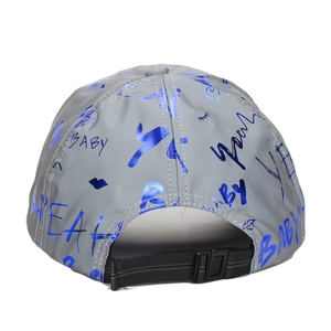 Grey reflective baseball cap with blue graffiti prints and adjustable back strap
