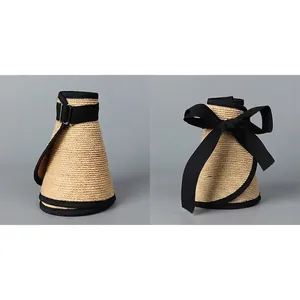 Foldable raffia sun visor hat for women with bow and adjustable buckle details