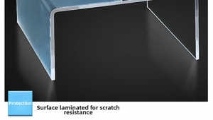 Macro detail of acrylic U-shaped shelf showing protective film and anti-scratch surface