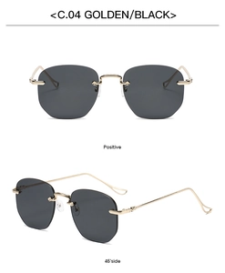 Front and 45-degree side views of rimless fashion sunglasses with gold metal temples