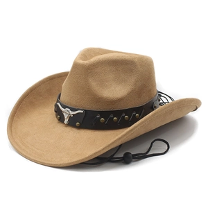 Classic khaki suede cowboy hat with silver bull head emblem and adjustable chin strap