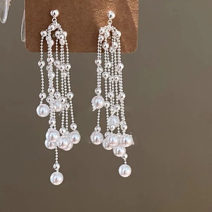 Elegant Long Tassel Earrings With Faux Artificial Pearls Silver Bead Chain Dangle For Women Silver Earring Post