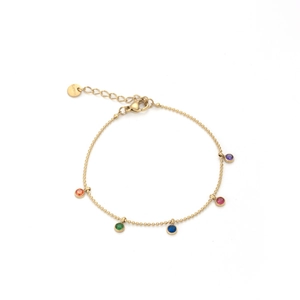 Gold stainless steel ball chain bracelet with five colorful round zircon gemstones
