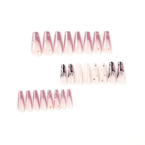 Purple glitter French tip press-on nails with 3D butterfly designs and rhinestones