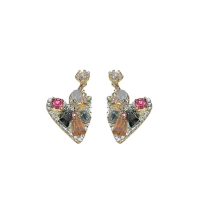 Elegant gold-tone heart stud earrings with multi-colored crystals and zircon inlay