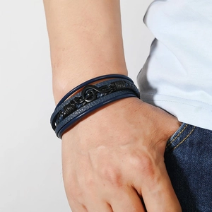 Men's multilayer navy leather bracelet featuring black music note and snake charms