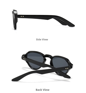 Detail view of glossy black round sunglasses showing side and back angles with star rivets