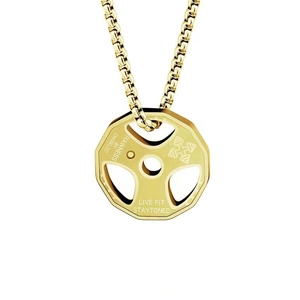 Gold stainless steel necklace with barbell plate pendant and engraved fitness text