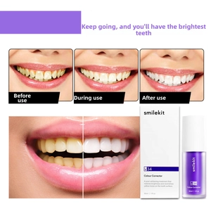 Macro display of V34 color corrector results and product bottle with purple formula