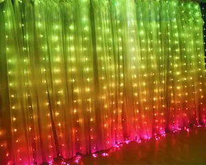 Detailed close-up of RGB dream color LED curtain lights on white translucent curtains