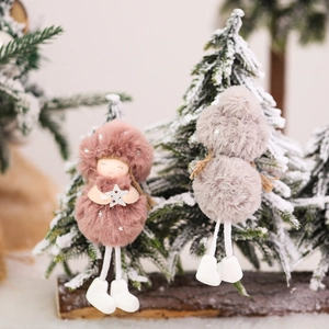 Plush Christmas angel doll hanging ornaments in soft pink and grey faux fur finish