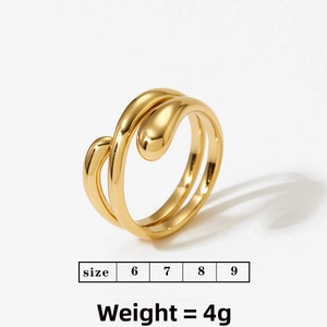 Detail view of golden double-layer ring with teardrop ends and 4g weight display