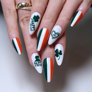 St Patricks Day Press On Nails Stiletto Full Cover Green White Orange Shamrock Heart Design Festive Accessories For Women