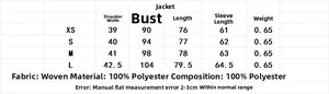 Size chart showing XS to L measurements and 100% polyester fabric info for blazer