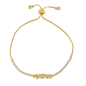 Adjustable gold MOM bracelet with micro-paved crystals and box chain on white background