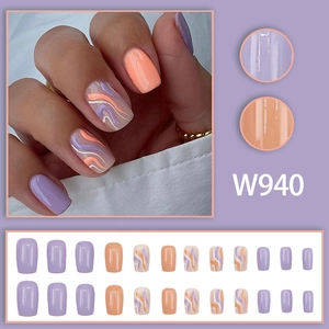 Short square press-on nails with lavender purple and coral orange wave patterns, set of 24