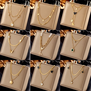 Stainless Steel Double Layer Necklace Gold Plated Heart Star Butterfly Pendant Emerald Zirconia Jewelry For Women
