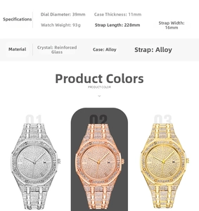 Detail view of iced-out daisy watch specs including 39mm dial and alloy steel band
