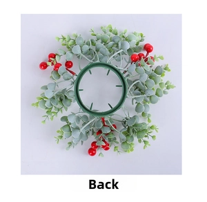 Rear view of Christmas candle ring featuring green eucalyptus leaves and red berries