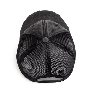 Vintage washed distressed black baseball cap with breathable mesh back and adjustable strap