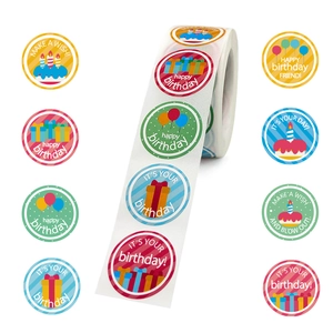 Detail of colorful round happy birthday sticker roll for gift packaging decoration