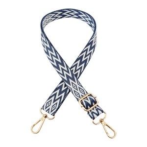 Detail of the blue and white zigzag patterned strap with golden swivel lobster clasps
