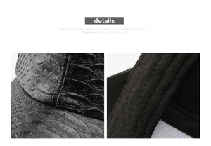 Close-up of black crocodile pattern faux leather baseball cap with detailed stitching