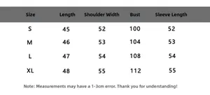 Detailed size chart for minimalist cropped hoodie showing measurements for S to XL