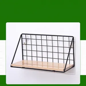 Nordic wall shelf made of black iron grid and wood for bathroom and kitchen decor