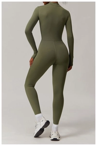 Detailed back view of olive green long sleeve thermal yoga bodysuit with shaping seams