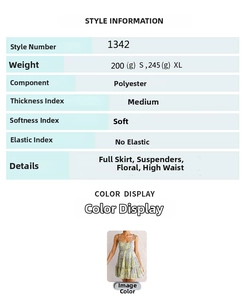 Detailed chart showing polyester floral dress specifications with high waist and suspenders