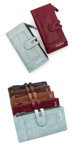 Multiple colors of women's long PU leather wallets with snap buttons and zippers