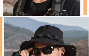 Outdoor sun protection set with wide-brim fisherman hat, polarized sunglasses and gear