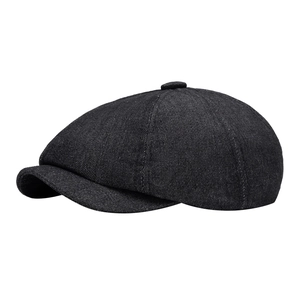 Classic black denim newsboy cap with octagonal crown and short brim for men and women