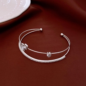 Double-layered silver open bangle with zircon hulu charms and heart pendant for women