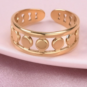 Detail of minimalist 304 stainless steel open ring with multiple flat circular discs