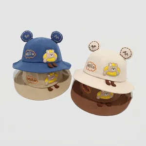 Kids cotton bucket hat with cartoon bear embroidery and cute ears in multiple colors