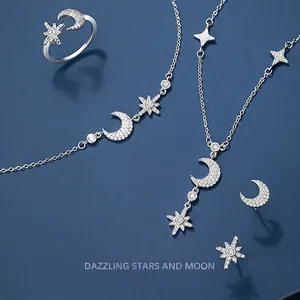 925 Sterling Silver Star And Moon Pendant Necklace Dainty Cubic Zirconia Tassel Adjustable Chain Jewelry For Women