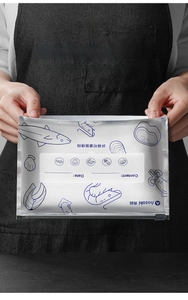 Detail of food-grade resealable storage bag with illustrated icons and writing area