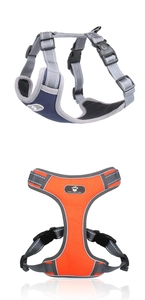 Detail of reflective dog harness with breathable mesh and adjustable nylon straps