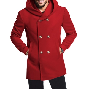 Detail of red men's double-breasted hooded wool coat with tailored fit and classic buttons