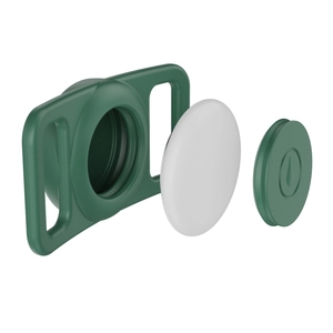 Exploded 3D view of dark green silicone waterproof case for Apple AirTag tracker